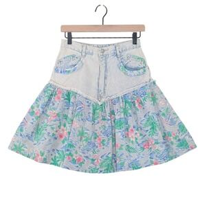 Gitano Express Denim Mini Skirt Hawaii Print 80s Vintage‎ Size 9/10 Cotton